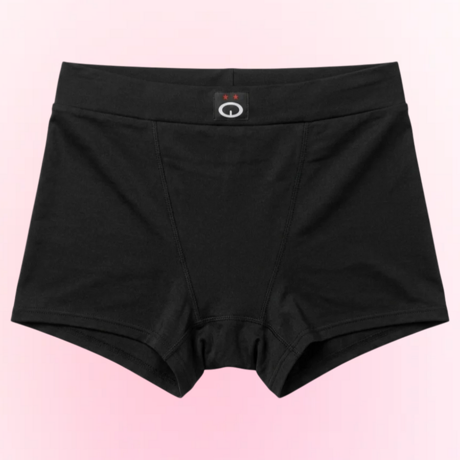 Boxeri menstruali Volin negri — produs flat lay cu logo pe fundal roz