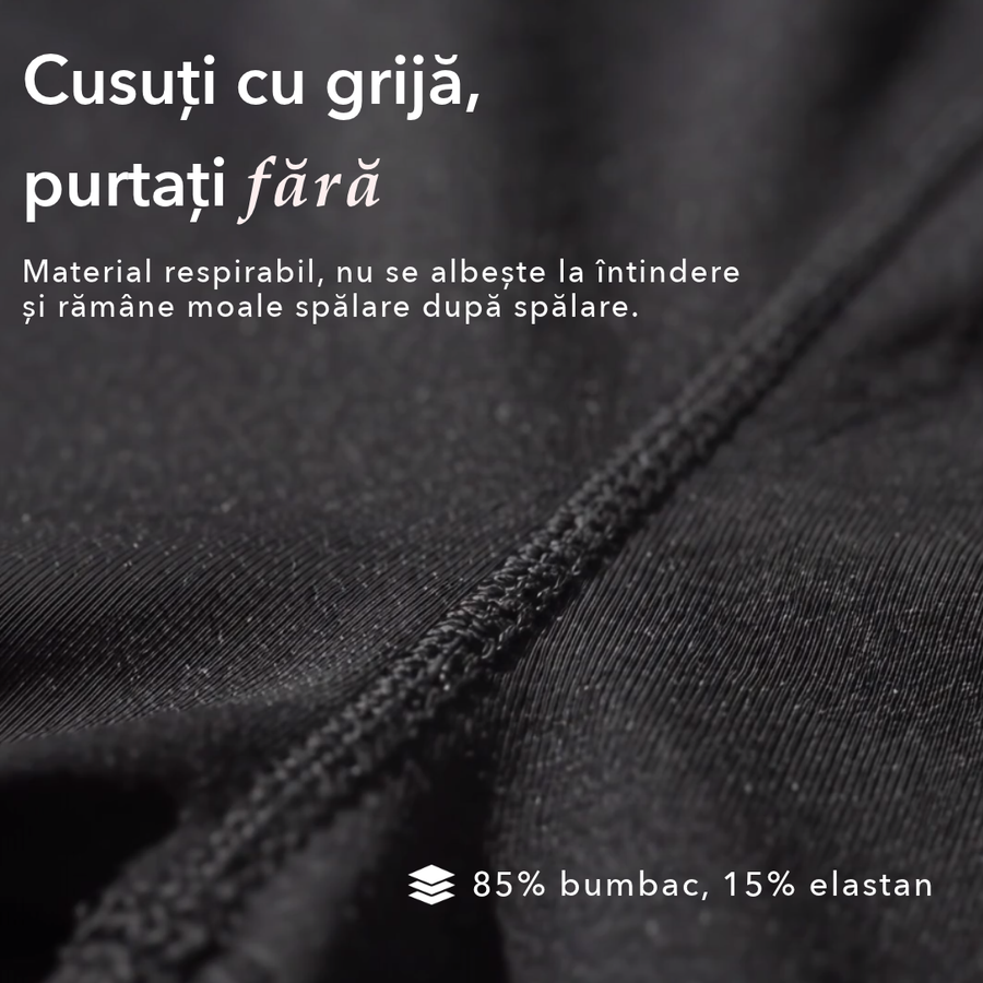 Detaliu calitate cusătură boxeri menstruali Volin — material bumbac elastic handmade România